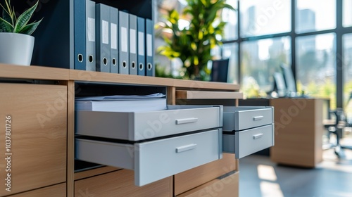 Open drawers of filing cabinets for storing data, archives and documents in an office setting..