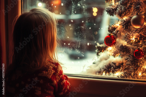 Little girl waiting for santa claus during christmas night.