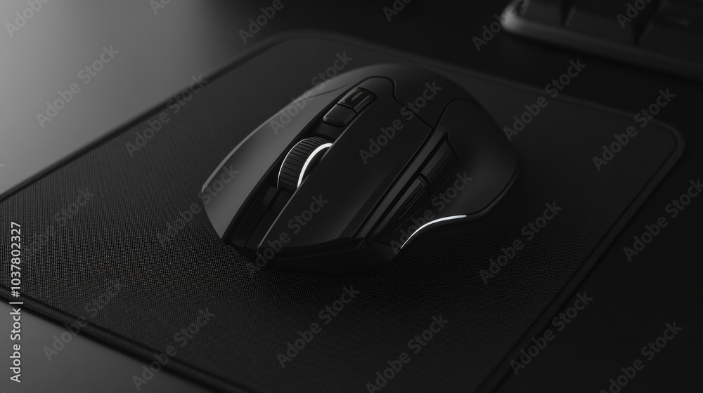 On a black background, a sleek gaming mouse with glowing accents rests on a smooth professional mouse pad, exuding precision and power On a black background, a sleek gaming mouse with glowing accents rests on a smooth professional mouse pad, exuding precision and power