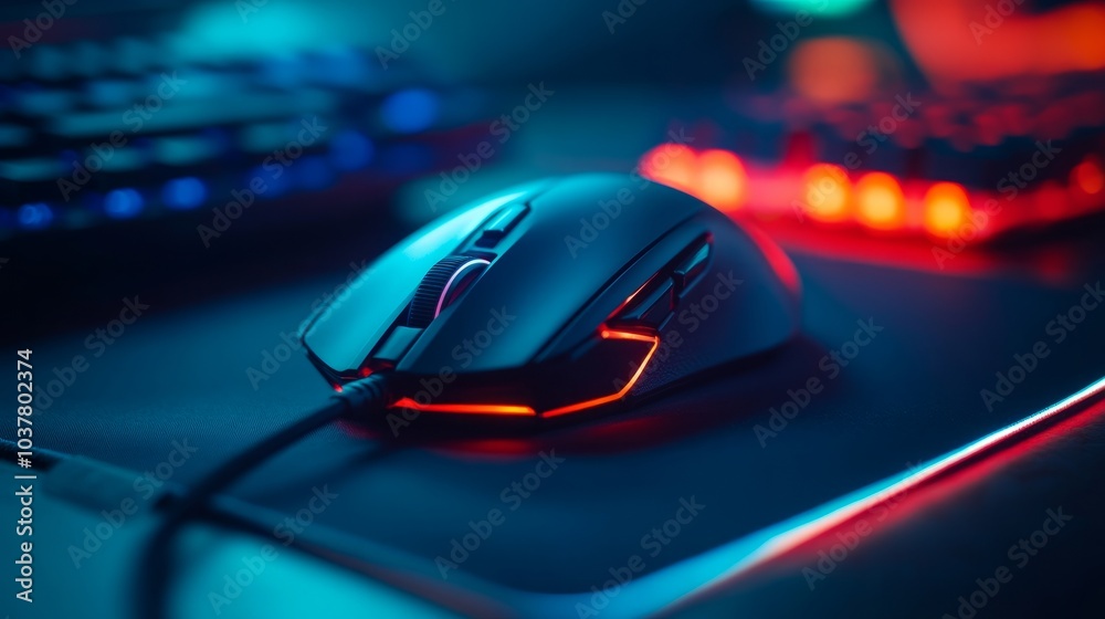 On a dark background, a modern gaming mouse rests comfortably on a smooth professional pad, blending performance with style On a dark background, a modern gaming mouse rests comfortably on a smooth professional pad, blending performance with style