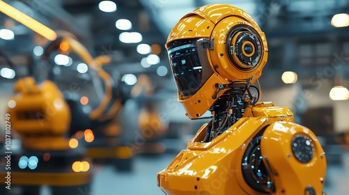 Close-up of an orange robotic humanoid in a modern factory setting with advanced machinery in the background.