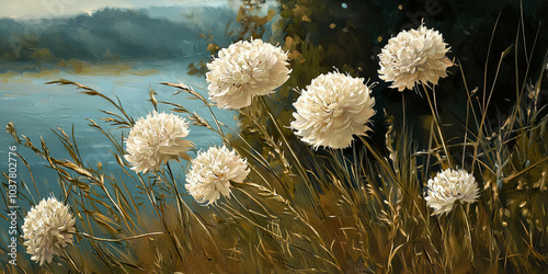 A beautiful painting of several cream-colored flowers by the river, generative AI