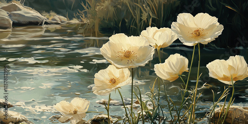 A beautiful painting of several cream-colored flowers by the river, generative AI