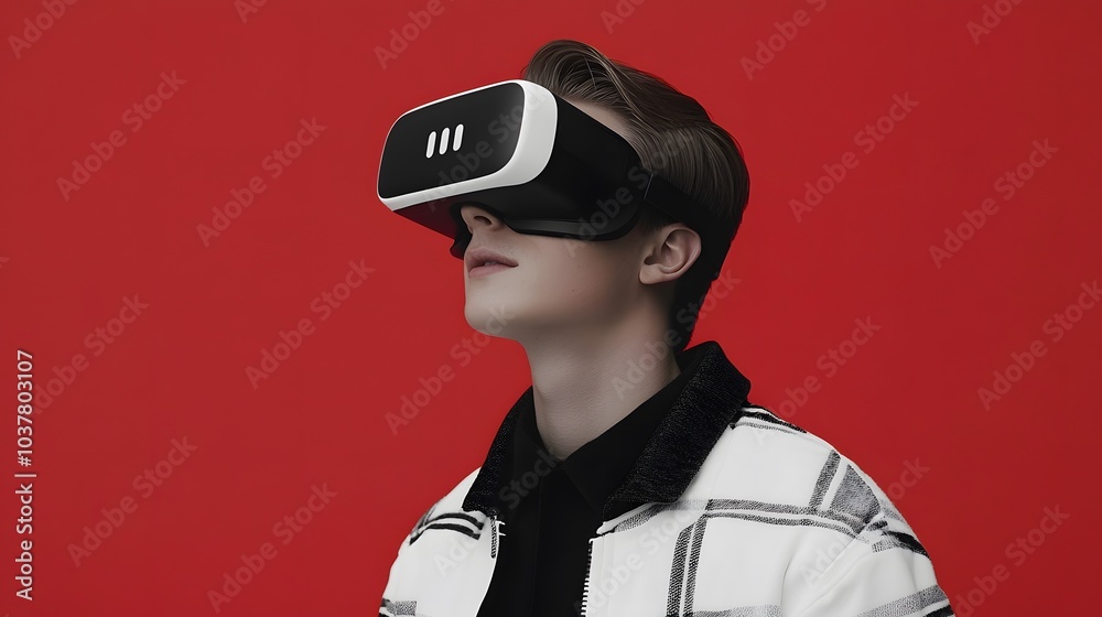 Teenage boy with light skin wearing VR headset against a vibrant red background. Teenage boy with light skin wearing VR headset against a vibrant red background.