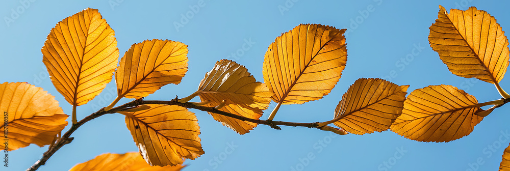 Close up of yellow beech leaves against a blue sky background, generative AI Close up of yellow beech leaves against a blue sky background, generative AI