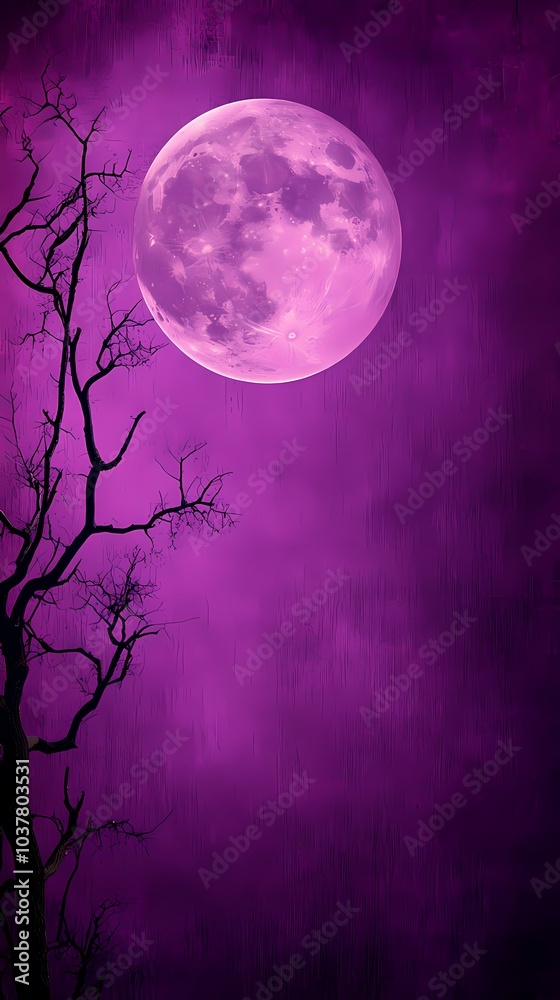 A striking purple moon shines over a barren tree silhouette. A striking purple moon shines over a barren tree silhouette.