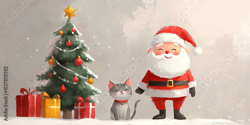 Painting of a cute Santa Claus stands next to an orange cat, both smiling and waving their hands in greeting, generative AI