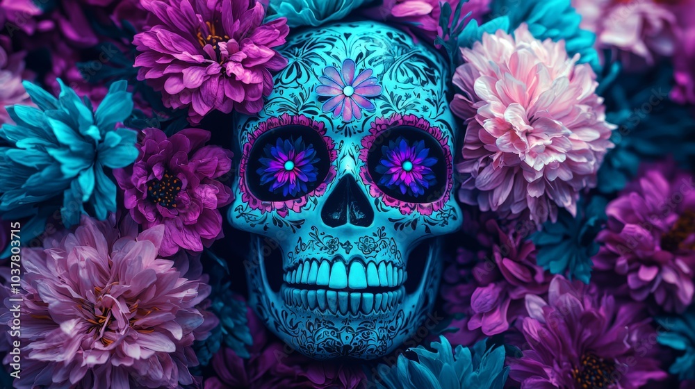 Vibrant día de los muertos skull surrounded by lush flowers celebrating life and death in a colorful tribute to heritage and tradition Vibrant día de los muertos skull surrounded by lush flowers celebrating life and death in a colorful tribute to heritage and tradition