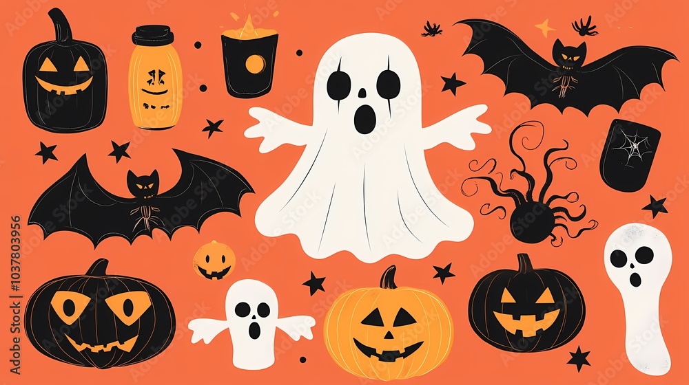 Colorful Halloween-themed illustrations featuring ghosts, bats, and pumpkins. Colorful Halloween-themed illustrations featuring ghosts, bats, and pumpkins.