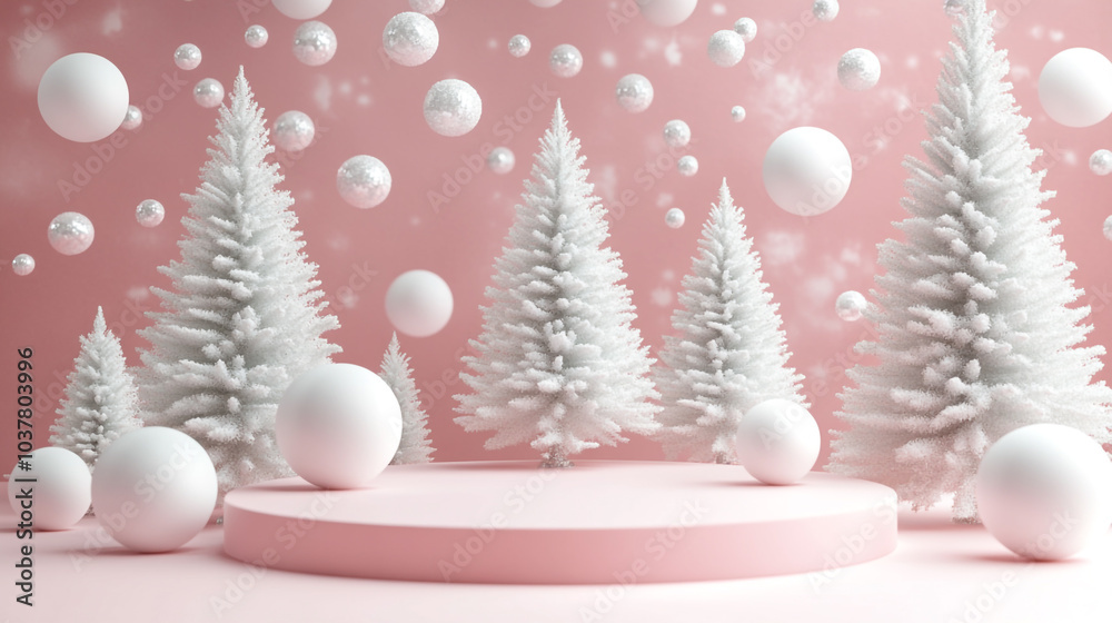 Festive pink podium surrounded by white Christmas trees and ornaments on Christmas Day Festive pink podium surrounded by white Christmas trees and ornaments on Christmas Day