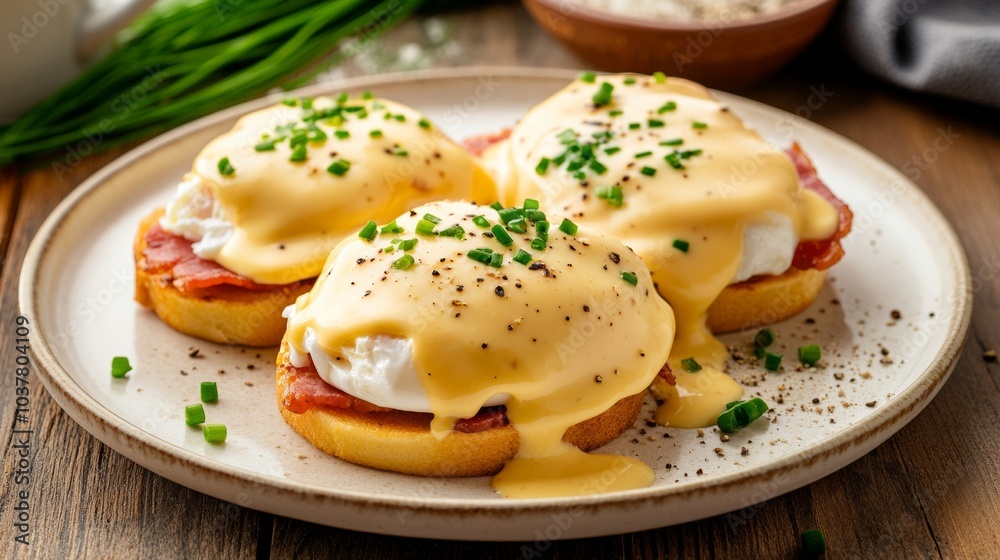A savory plate of eggs Benedict with poached eggs, Canadian bacon, and hollandaise sauce A savory plate of eggs Benedict with poached eggs, Canadian bacon, and hollandaise sauce