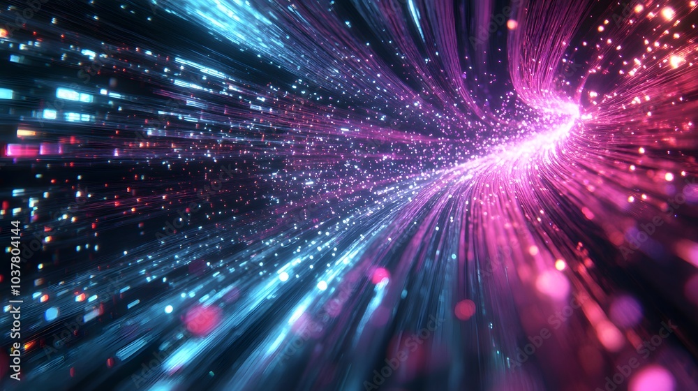 Fototapeta premium optical fibres dinamic flying from deep on technology background. 