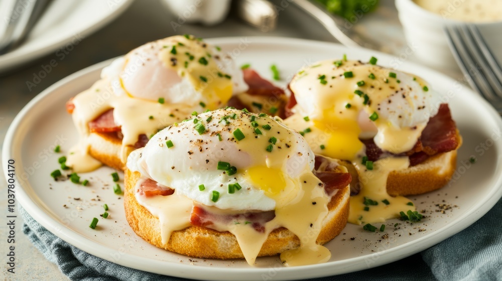 A savory plate of eggs Benedict with poached eggs, Canadian bacon, and hollandaise sauce A savory plate of eggs Benedict with poached eggs, Canadian bacon, and hollandaise sauce