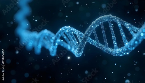 Fototapeta Naklejka Na Ścianę i Meble -  Glowing blue transparent DNA helix 3D structure with vivid radiant glowing particles in the background