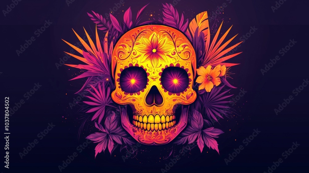 Vibrant sugar skull design with floral elements and tropical leaves for day of the dead celebrations in bold colors Vibrant sugar skull design with floral elements and tropical leaves for day of the dead celebrations in bold colors