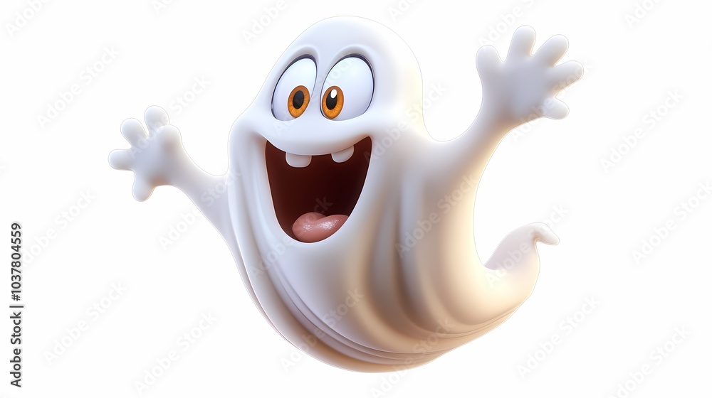 Fototapeta premium Cheerful white cartoon ghost with big eyes and a playful expression.
