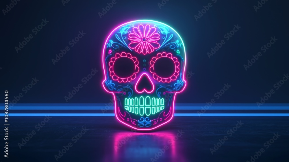 Vibrant neon skull design with intricate patterns perfect for celebrating culture and festivals in a modern aesthetic