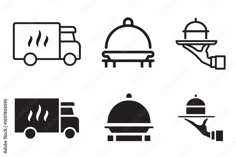 Catering web icon set. Fork, spoon, knife, plate, chef hat, and cloche or tray icon. Cutlery icon set in line and flat style. Dinnerware and restaurant icon symbol. Thin line vector illusration Catering web icon set. Fork, spoon, knife, plate, chef hat, and cloche or tray icon. Cutlery icon set in line and flat style. Dinnerware and restaurant icon symbol. Thin line vector illusration