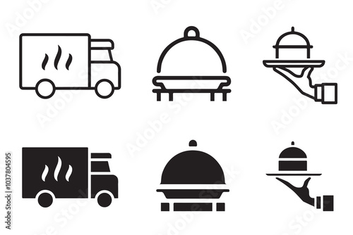 Catering web icon set. Fork, spoon, knife, plate, chef hat, and cloche or tray icon. Cutlery icon set in line and flat style. Dinnerware and restaurant icon symbol. Thin line vector illusration