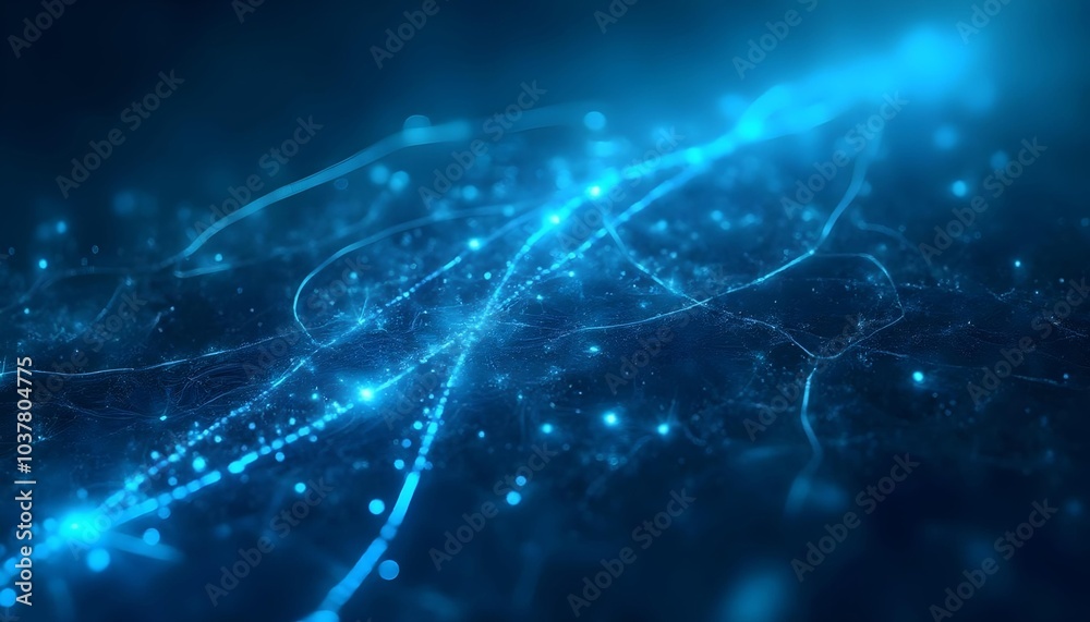 3D graphics with glowing particles and undulating terrain, glowing blue lines and particles. Abstract blue background