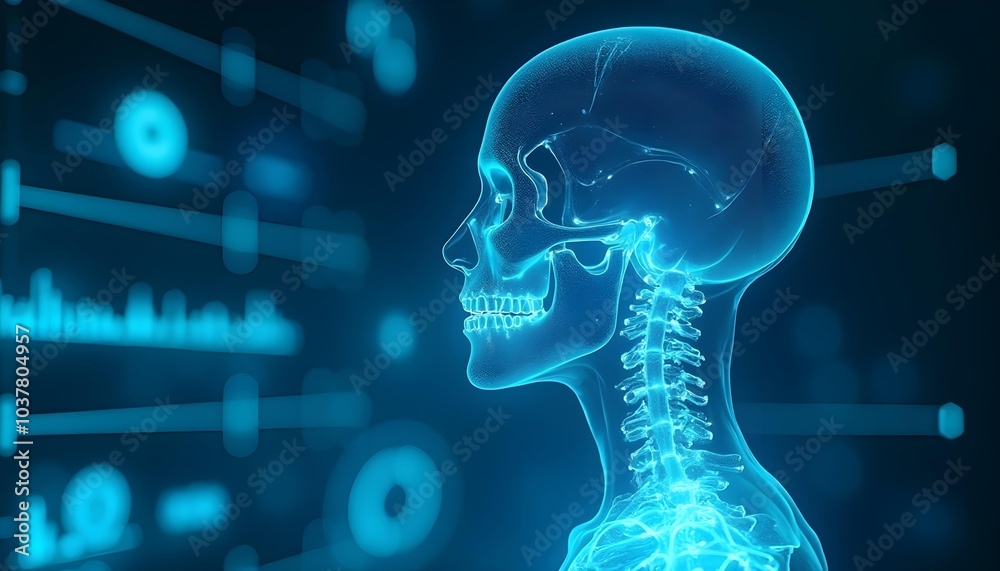 Translucent female human body, bone and nervous system graphics in holographic image, blue background Translucent female human body, bone and nervous system graphics in holographic image, blue background