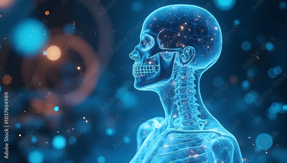 Translucent female human body, bone and nervous system graphics in holographic image, blue background Translucent female human body, bone and nervous system graphics in holographic image, blue background