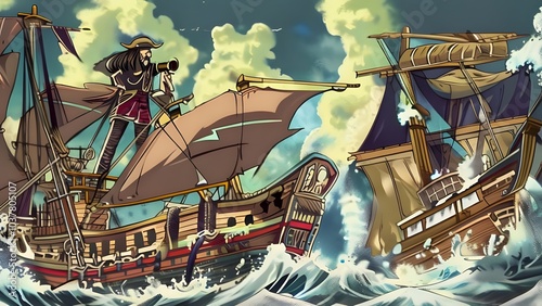 anime pirate ship sailing through through seas captain standing photo