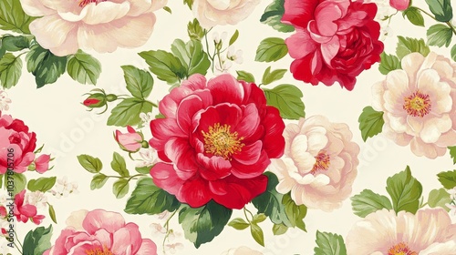 Fototapeta Naklejka Na Ścianę i Meble -  A floral pattern featuring large peonies in shades of red and pink against a light background.