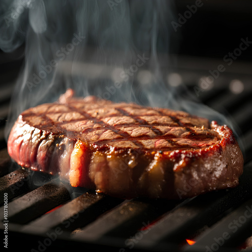 A thick steak is grilling on a hot grate, with smoke rising as it cooks to perfection. photo