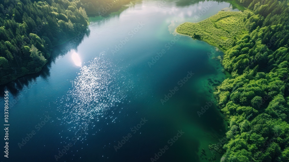 Aerial View of a Serene Lake Surrounded by Lush Forest Aerial View of a Serene Lake Surrounded by Lush Forest