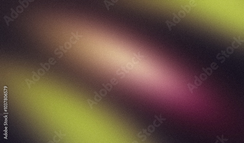 Green magenta orange glowing dark colour wave grainy backdrop design. Abstract glowing grainy gradient texture, website header, poster, banner, copy space