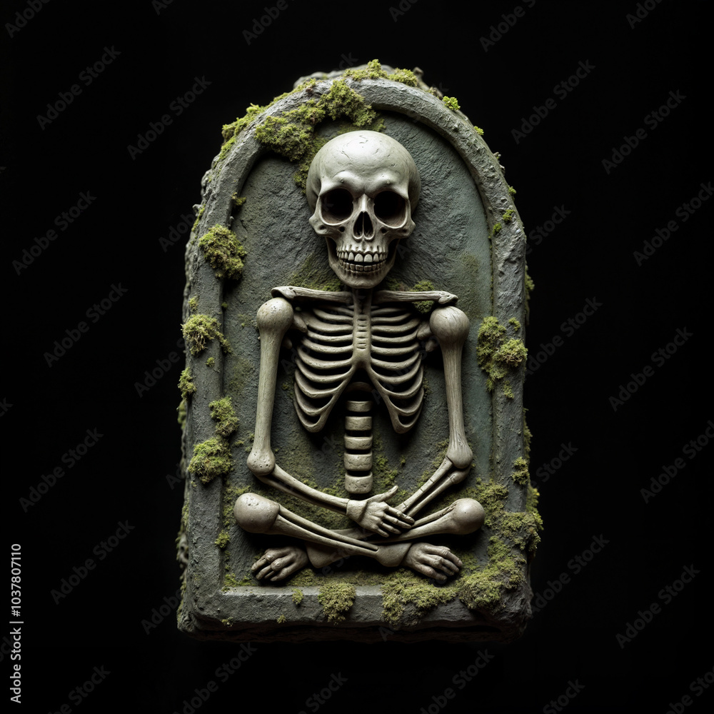 Obraz premium a skeleton sculpture with a green mossy frame, set against a dark background.