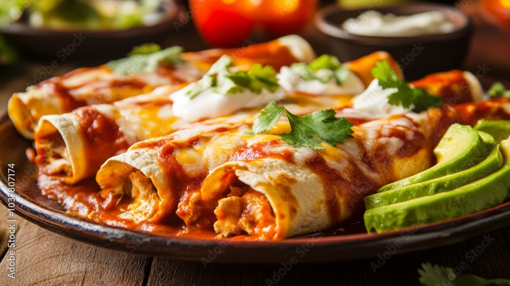 A savory platter of Mexican enchiladas, rolled corn tortillas filled with chicken and cheese, topped with red chili sauce and melted cheese A savory platter of Mexican enchiladas, rolled corn tortillas filled with chicken and cheese, topped with red chili sauce and melted cheese