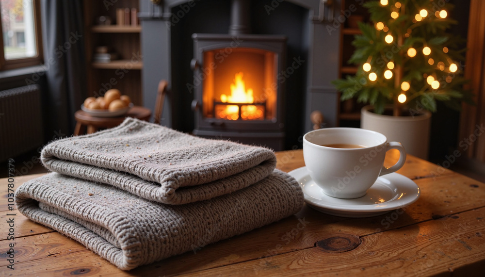 Cup of coffee with folded blankets near a fireplace in a cozy home Cup of coffee with folded blankets near a fireplace in a cozy home