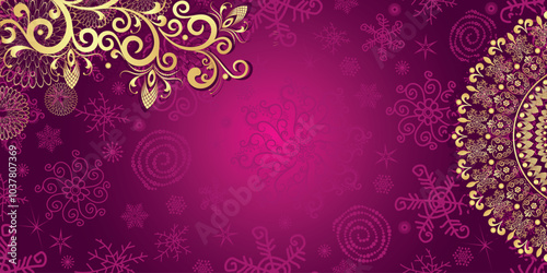 Vector vintage christmas frame with hand drown golden mandala and flowers on a purple gradient background