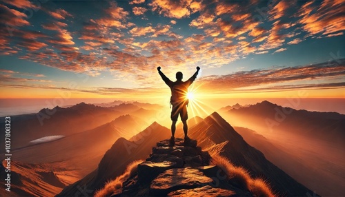 山頂で初日の出を見ながらガッツポーズをする男性のシルエット