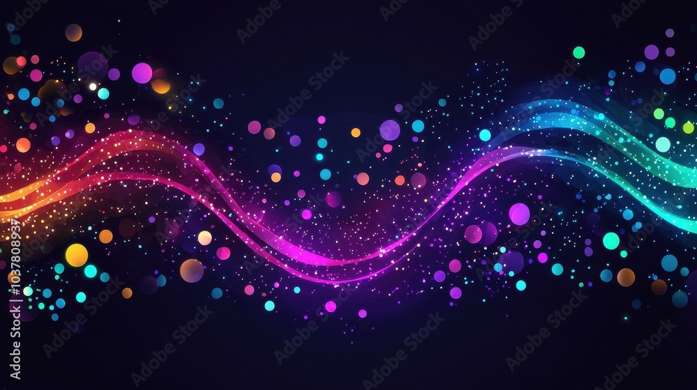 Obraz premium Vibrant, swirling waves of colorful dots and sparkles against a dark background create a dynamic and energetic visual effect.