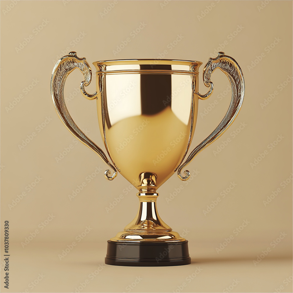 A gold trophy with a black base and a solid color background A gold trophy with a black base and a solid color background