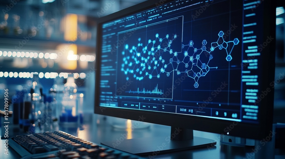 A close-up shot showcasing complex scientific data, charts, and molecular structures on a high-tech computer screen, with a bright modern laboratory in the background. A close-up shot showcasing complex scientific data, charts, and molecular structures on a high-tech computer screen, with a bright modern laboratory in the background.
