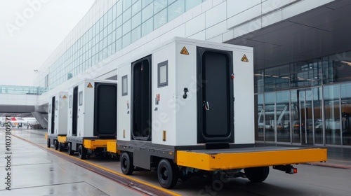 Tow tractor pulling luggage carts at airport apron