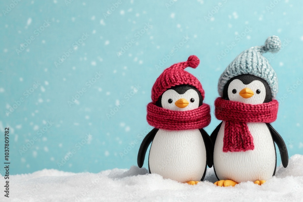 Two cute, knitted penguins wearing colorful hats and scarves stand in snow, set against a soft blue background with snowflakes. Two cute, knitted penguins wearing colorful hats and scarves stand in snow, set against a soft blue background with snowflakes.