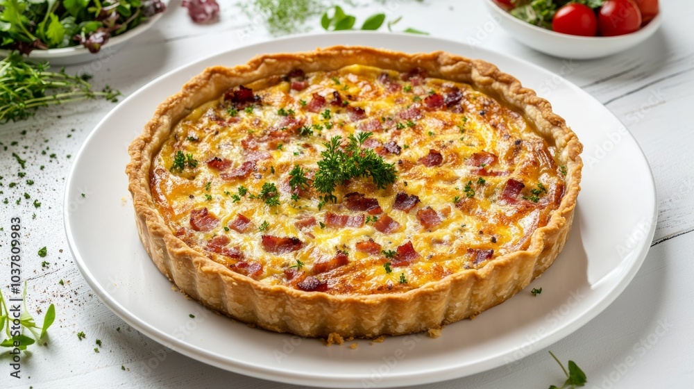 A savory quiche Lorraine with bacon and cheese, served in a golden crust, set on a white plate A savory quiche Lorraine with bacon and cheese, served in a golden crust, set on a white plate
