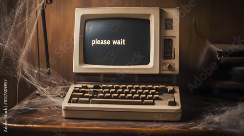 old computer on desk with cobwebs and 