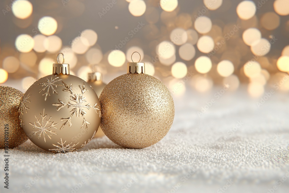 Elegant gold Christmas ornaments resting on a soft, snowy surface, surrounded by shimmering bokeh lights. Elegant gold Christmas ornaments resting on a soft, snowy surface, surrounded by shimmering bokeh lights.