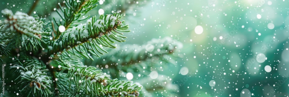Snow-covered fir tree branches against a winter landscape. Christmas background with copyspace for greetings. Snow-covered fir tree branches against a winter landscape. Christmas background with copyspace for greetings.
