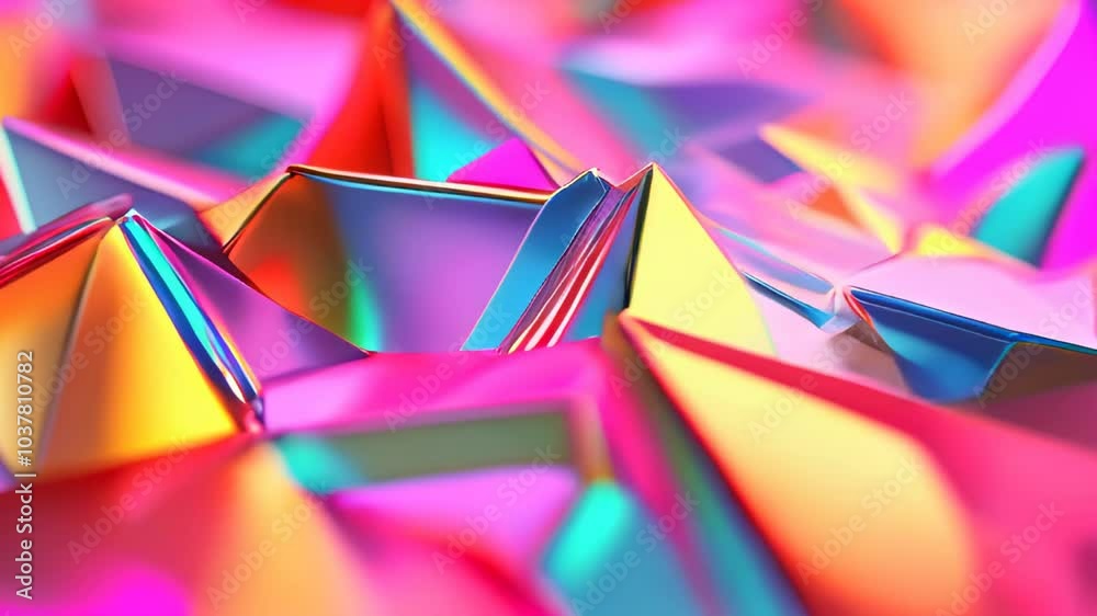 An abstract scene featuring sharp, metallic geometric shapes in vibrant, reflective hues of pink, blue, and yellow, creating a modern futuristic look. An abstract scene featuring sharp, metallic geometric shapes in vibrant, reflective hues of pink, blue, and yellow, creating a modern futuristic look.