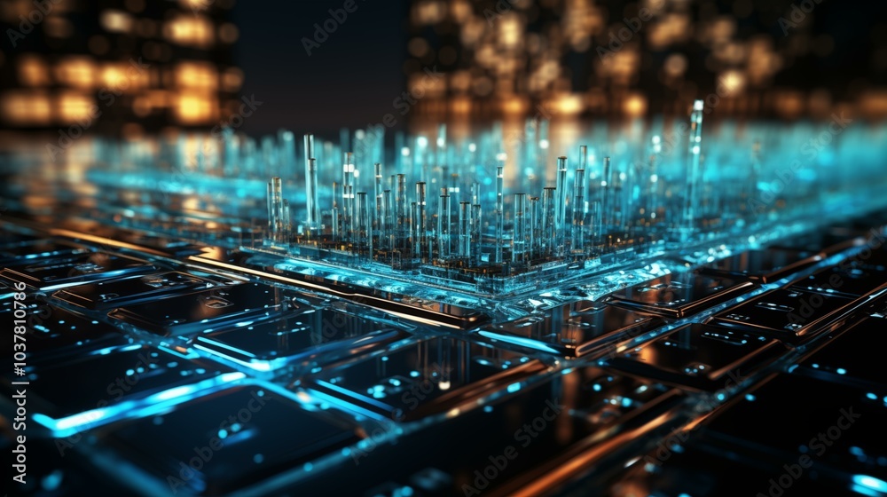 A computer chip with a blue and orange background A computer chip with a blue and orange background