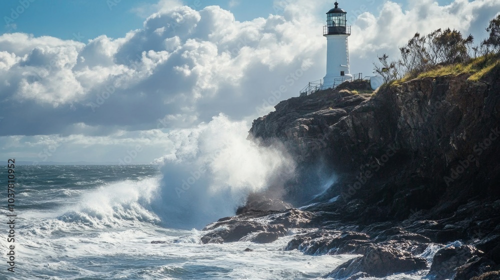A scenic coastal lighthouse overlooking rugged cliffs and crashing waves, Lighthouse scene, Dramatic and coastal style A scenic coastal lighthouse overlooking rugged cliffs and crashing waves, Lighthouse scene, Dramatic and coastal style