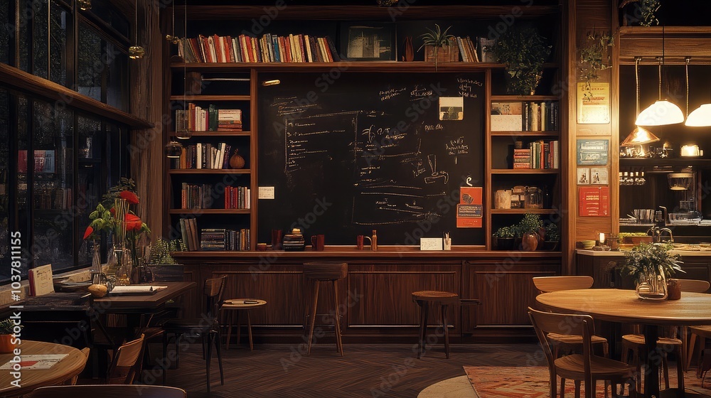 Cozy Coffee Shop Interior with Chalkboard Wall Cozy Coffee Shop Interior with Chalkboard Wall