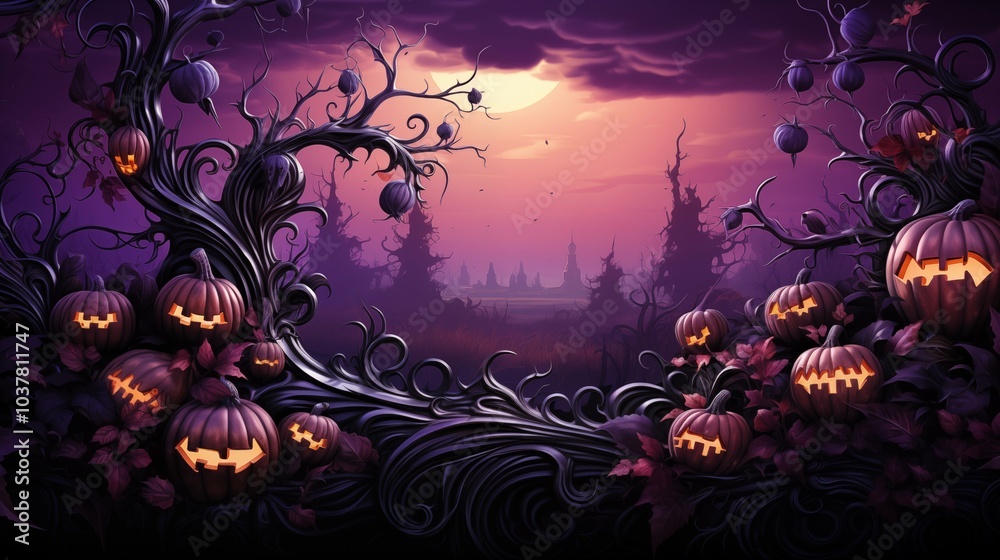 A Halloween scene with a tree and pumpkins A Halloween scene with a tree and pumpkins